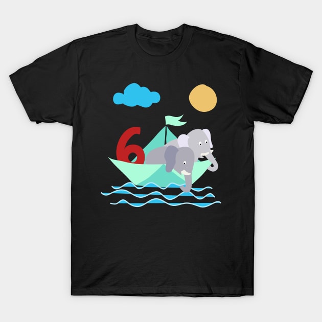 Elephants In Paper Boat Sea 6 Years Birthday T-Shirt by SinBle